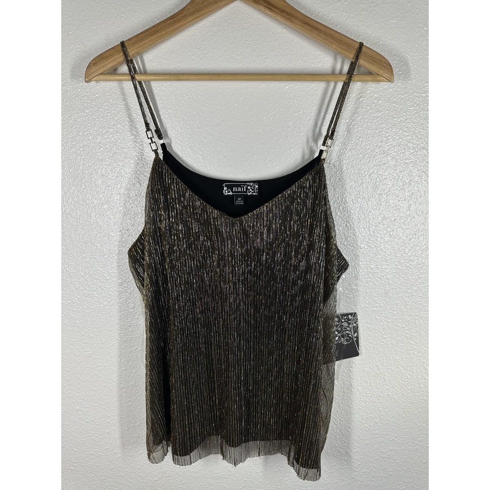 Naif Tank Top Womens Medium Gold Metallic Pleated Strappy Camisole Evening